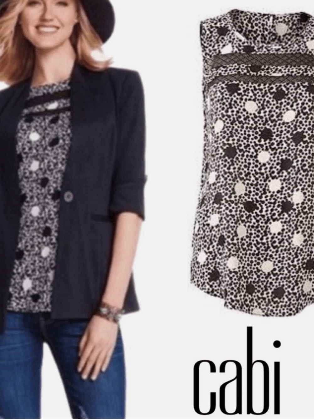 CAbi Jot Top #3079 Black White Polka Dot Lace Blouse M